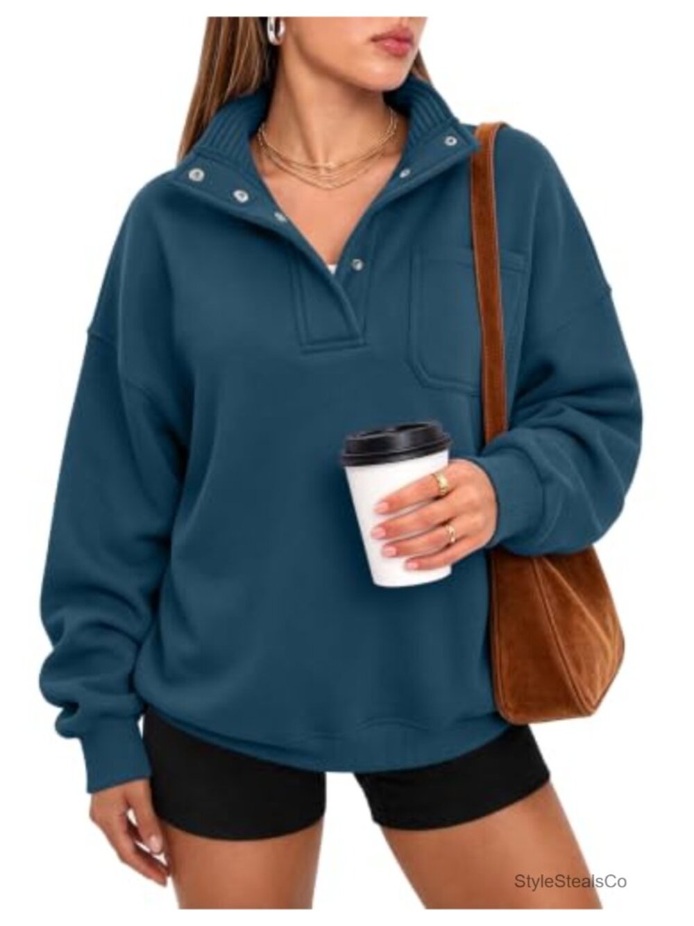 Oversized Henley Neck Pullover Sweatshirt Snap Button Fleece Casual